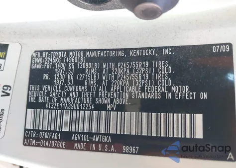 2009 Toyota Venza z USA, uszkodzony, nr VIN 4T3ZE11A39U012254